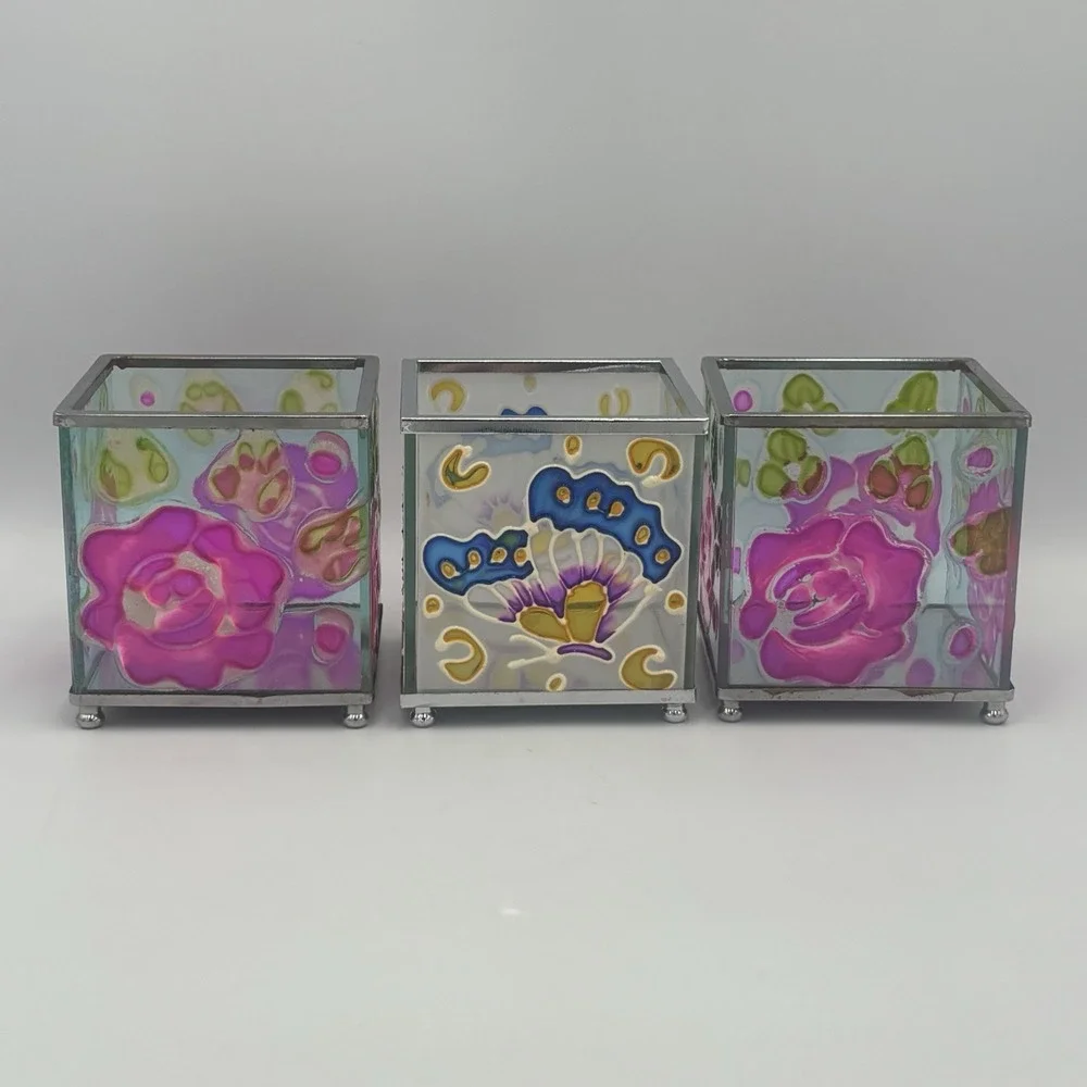 Vintage Floral Butterfly Faux-Stained Glass Candle Votive Holder 3